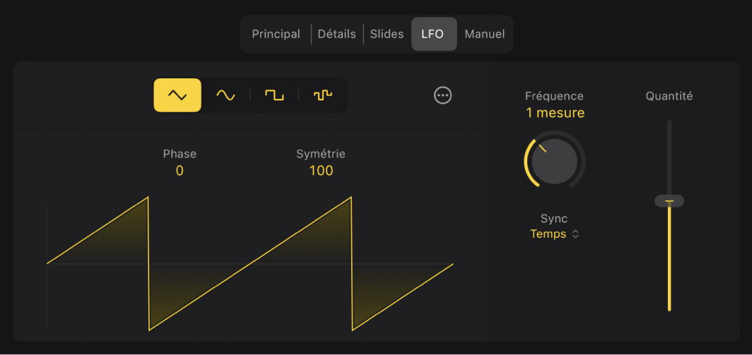 Figure. Réglages LFO dans l’éditeur de Session Player.