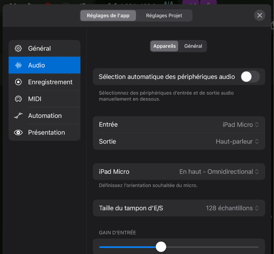Figure. Réglages audio d’appareils.