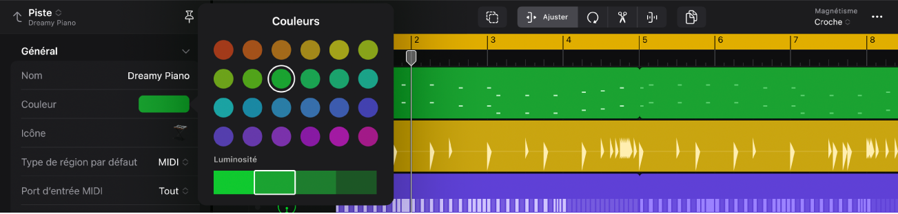 Figure. Inspecteur ouvert montrant la palette de couleurs avec la piste sélectionnée dans la zone Pistes.