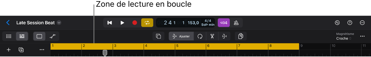 Figure. Haut de la zone Pistes affichant la zone de lecture en boucle active, avec le bouton Cycle dans la barre des commandes.