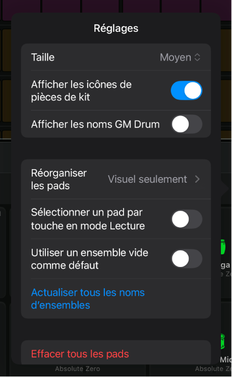 Réglages de surface de Drum Machine Designer.