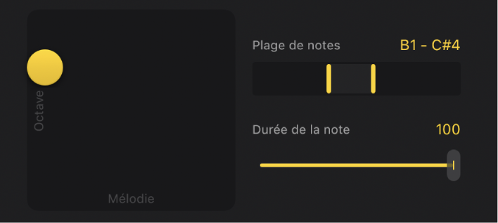 Figure. Pad XY et autres réglages de note pour le Synth Bass Player.