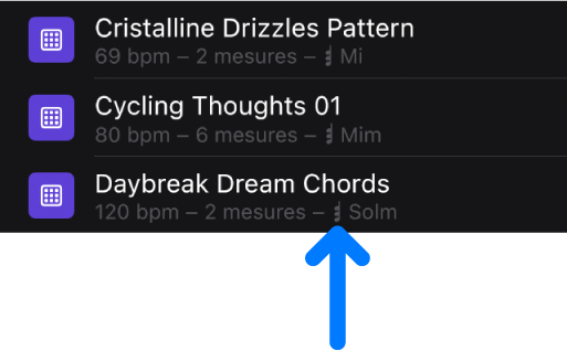 Figure. Boucles contenant des accords dans le navigateur avec une flèche pointant vers le symbole Accord.