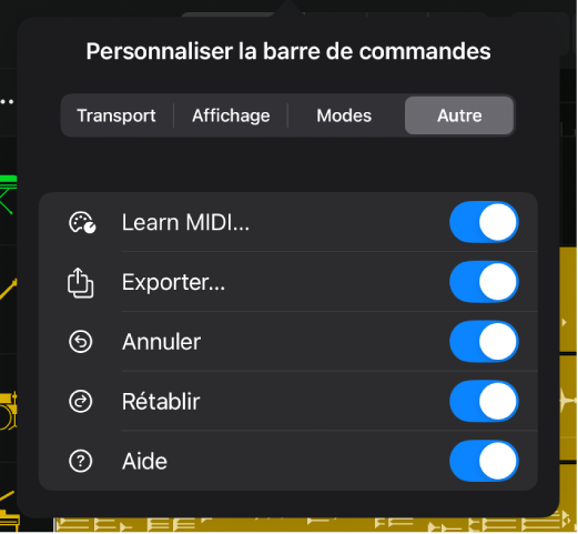 Figure. La zone de dialogue « Personnaliser la barre de commandes » montrant les commutateurs dans la catégorie Autre.