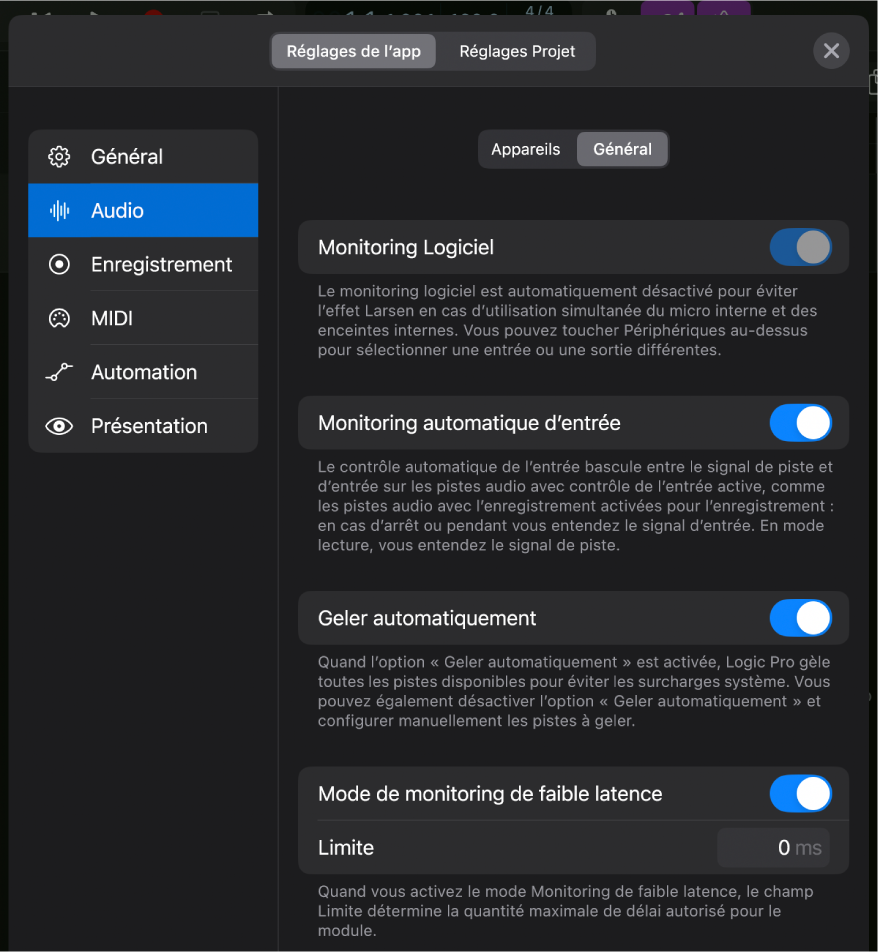 Figure. Réglages audio généraux.