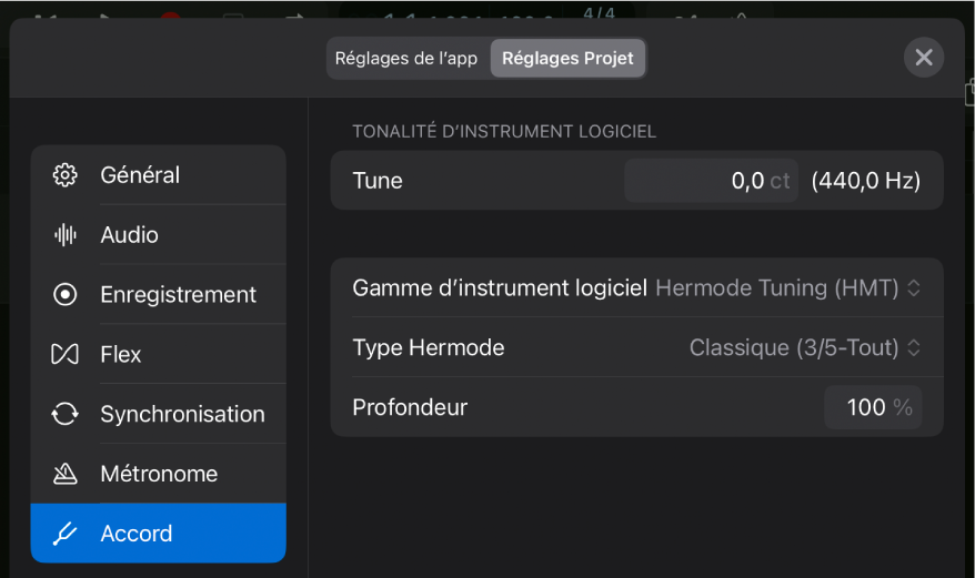 Réglages d’accord du projet.