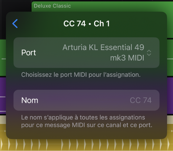 Figure. Les réglages de commande MIDI dans la zone de dialogue « Learn MIDI ».