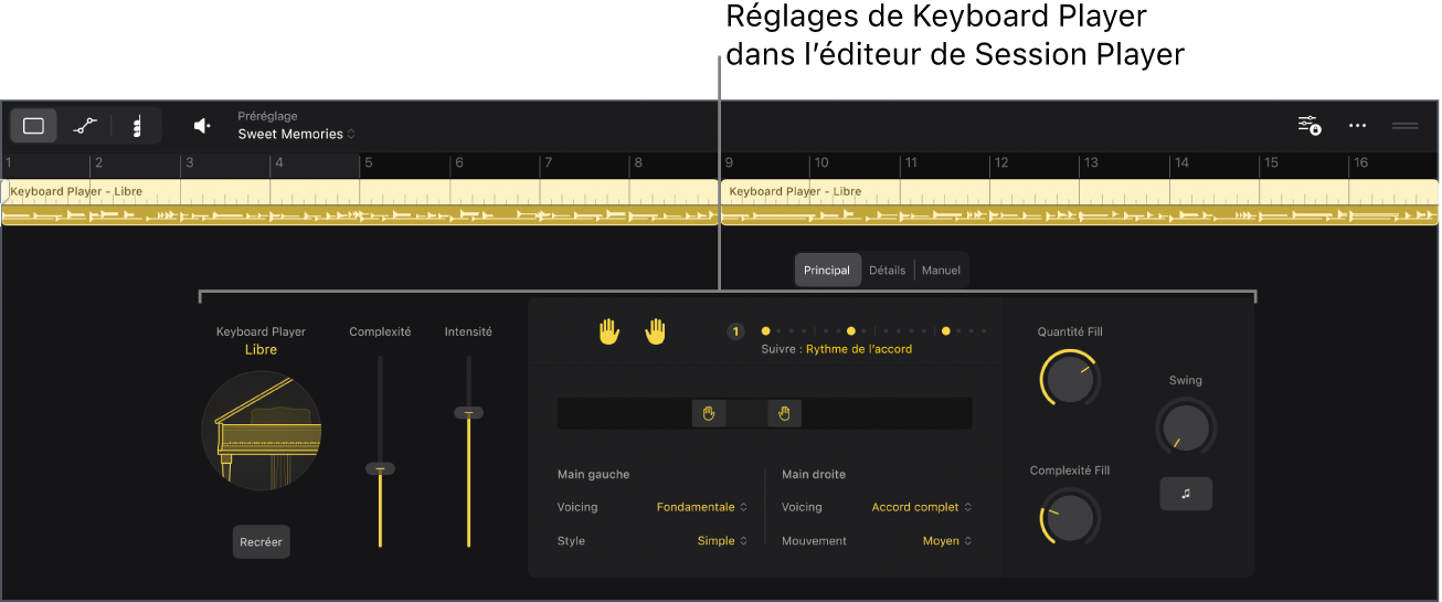 Figure. Éditeur de Session Player avec les réglages Keyboard Player.