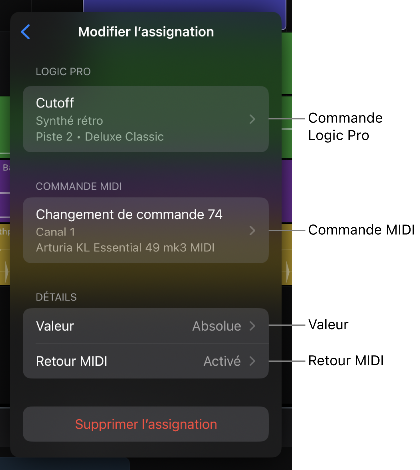 Figure. La présentation « Modifier l’assignation » dans la zone de dialogue « Learn MIDI ».