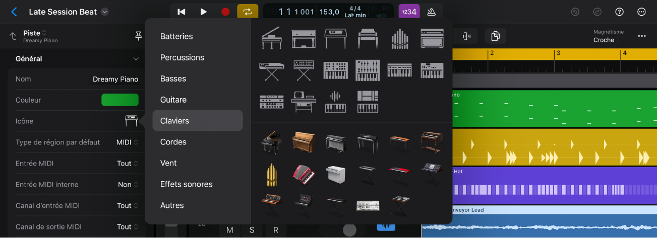 Figure. Inspecteur ouvert montrant le menu d'icône de piste avec la piste sélectionnée dans la zone Pistes.