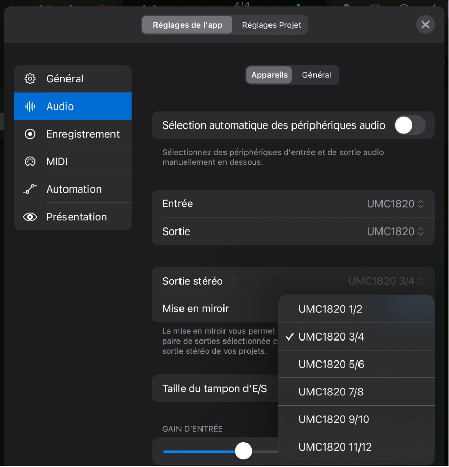 Figure. Menu local Mise en miroir.