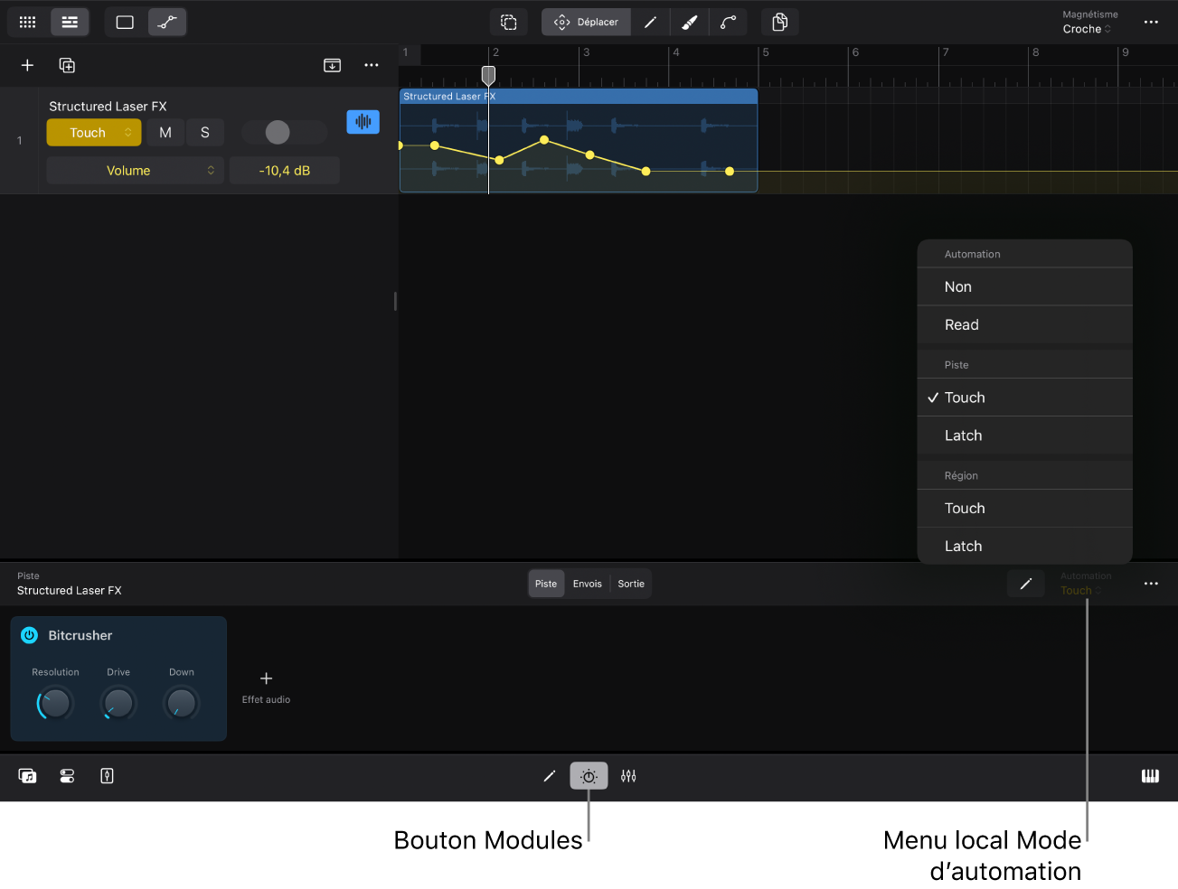 Figure. Menu local « Mode d’automation » dans la zone Modules.