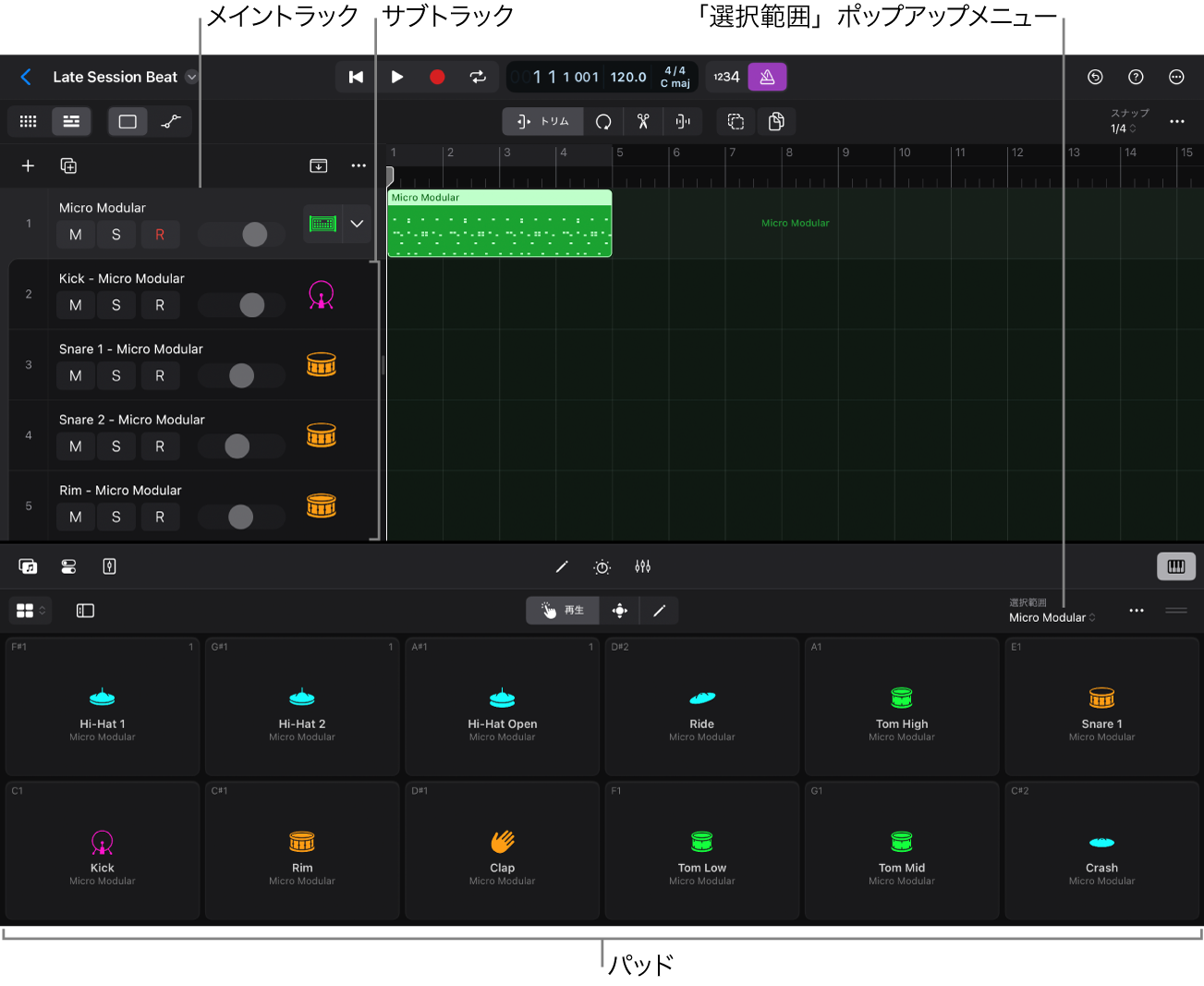 展開されたTrack StackとDrum Machine Designerのプレイサーフェス。