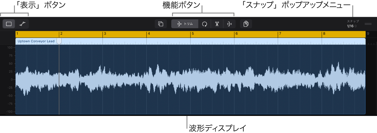 図。オーディオエディタ。オーディオリージョンとオーディオ波形が表示されています。