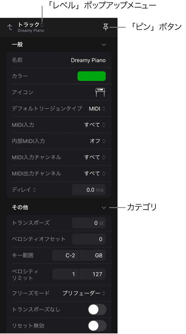 図。インスペクタ。トラックパラメータ、「レベル」ポップアップメニュー、「ピン」ボタンが表示されています。