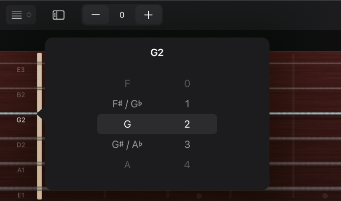 図。フレットボードプレイサーフェスで編集中の弦のチューニング。