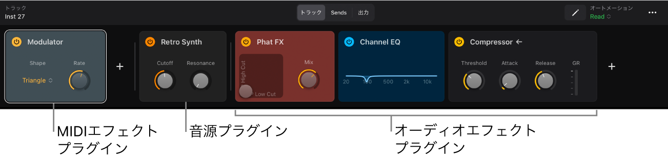 図。MIDIエフェクトプラグイン、音源プラグイン、およびオーディオエフェクトプラグインが表示されているプラグイン領域。