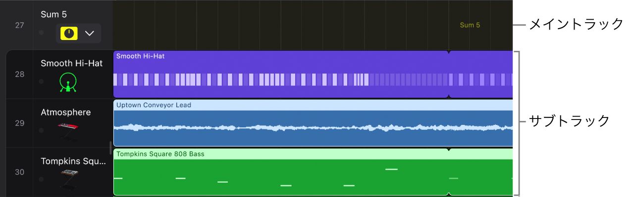 図。メイントラックとサブトラックが表示されたフォルダスタック。