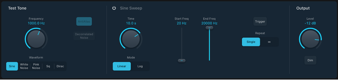 図。Test Toneパラメータが強調表示されているTest Oscillatorウインドウ。