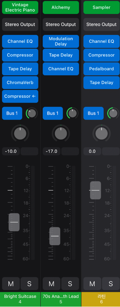 그림. MIDI 이펙트, 기기 및 오디오 이펙트 플러그인을 보여주는 채널 스트립.