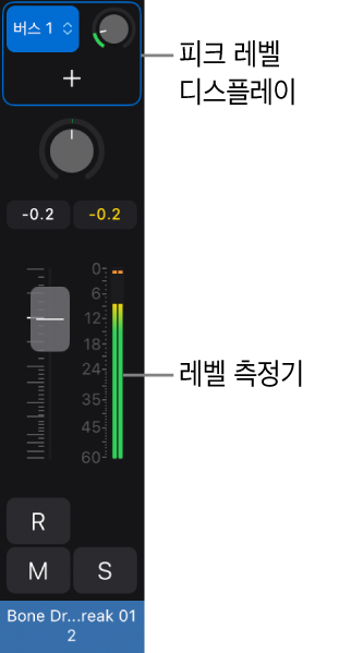 그림. 피크 레벨 디스플레이와 레벨 측정기를 보여주는 채널 스트립.