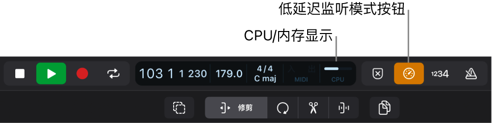 图。CPU 显示和“低延迟监听模式”按钮。