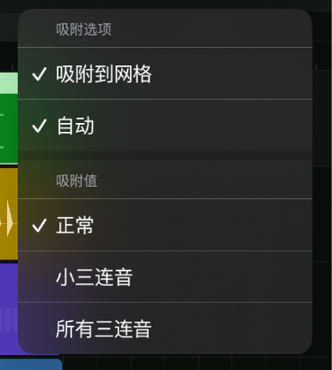 图。打开的“吸附”弹出式菜单显示“吸附选项”和“吸附值”。