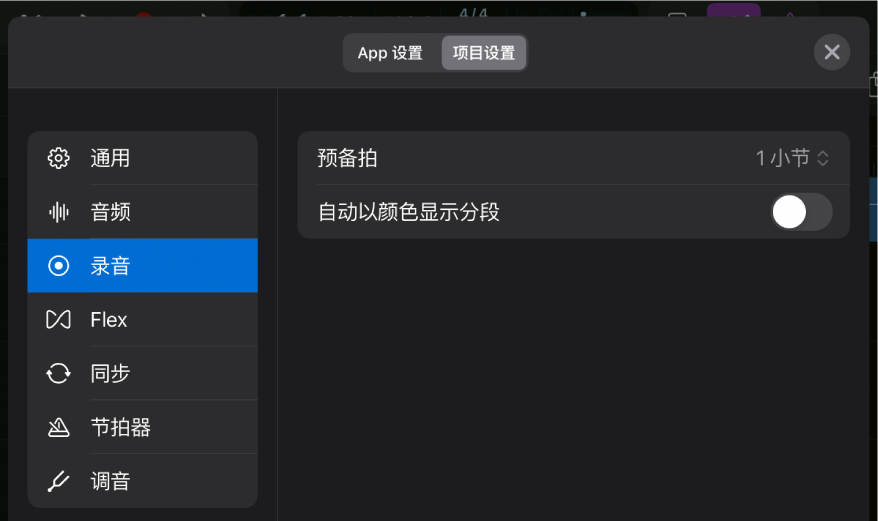 “录音”项目设置。