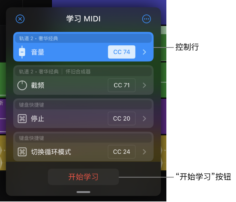 图。“学习 MIDI”对话框显示控制行和“开始学习”按钮。