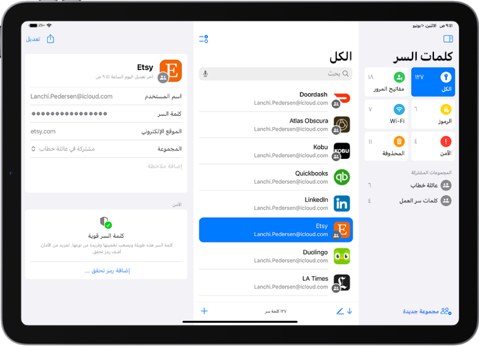 الشاشة الرئيسية لتطبيق كلمات السر، والتي تعرض أنواع كلمات السر في الشريط الجانبي على اليمين (مع تحديد الكل)، وقائمة بجميع حسابات كلمات السر في المنتصف (مع تحديد Etsy)، وتفاصيل حساب Etsy على اليسار.