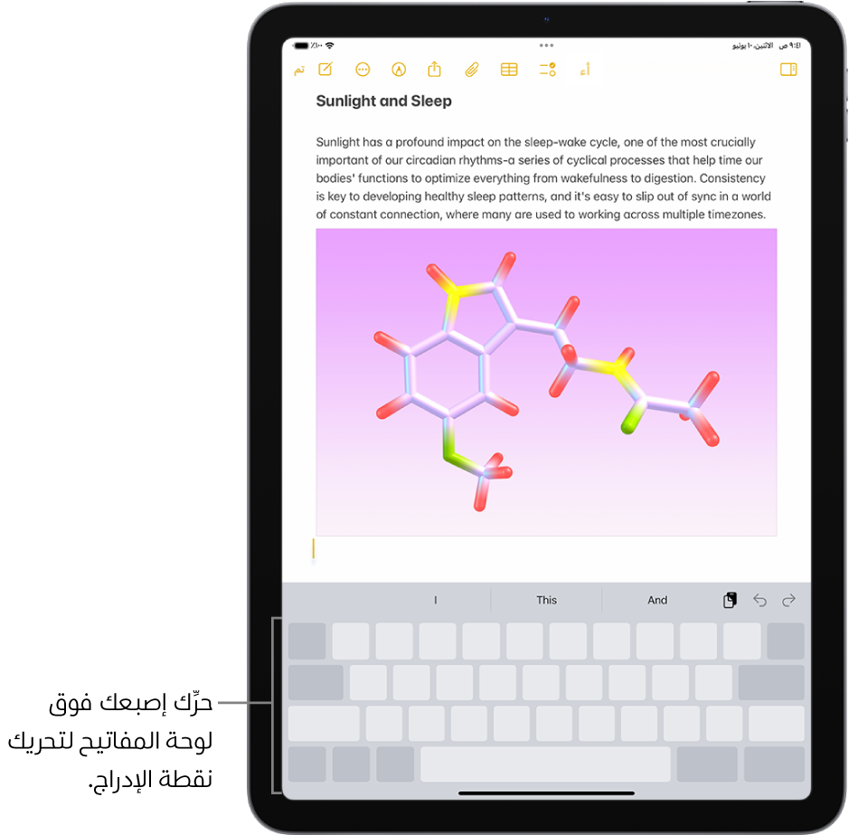 مستند مفتوح في تطبيق الملاحظات. تظهر لوحة المفاتيح على الشاشة في النصف السفلي من الشاشة في نمط لوحة التعقب.