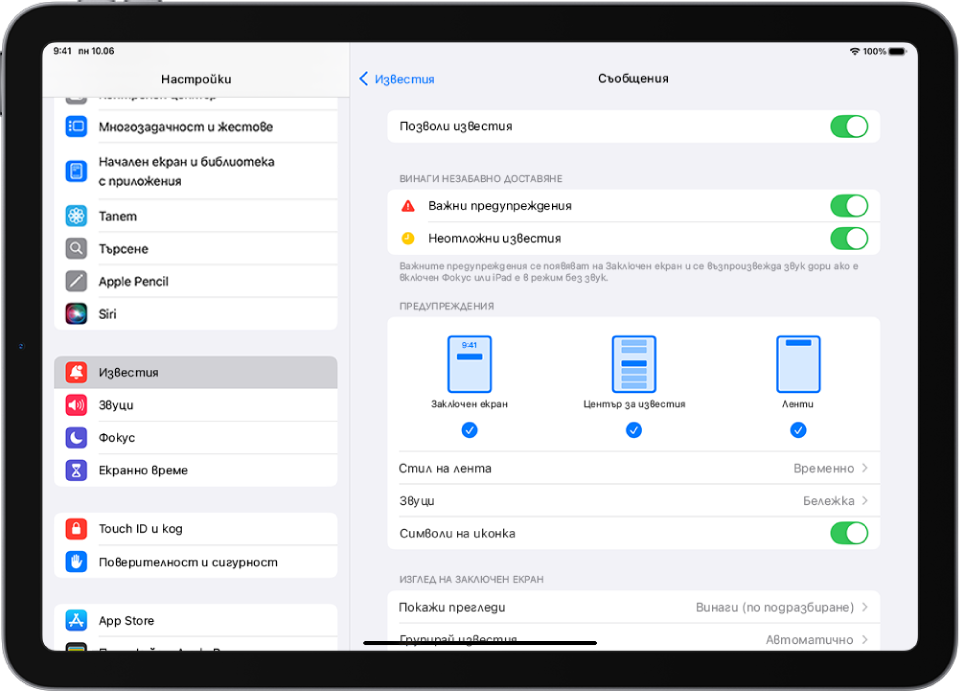 iPad с настройки на Съобщения за известия и предупреждения.
