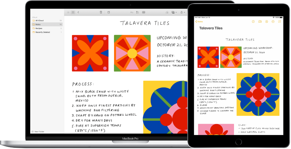 iPad-এ Mac-এর পাশে একটি স্কেচ দেখা যাচ্ছে, যেখানে স্কেচটি একটি নোটের মধ্যে রয়েছে।