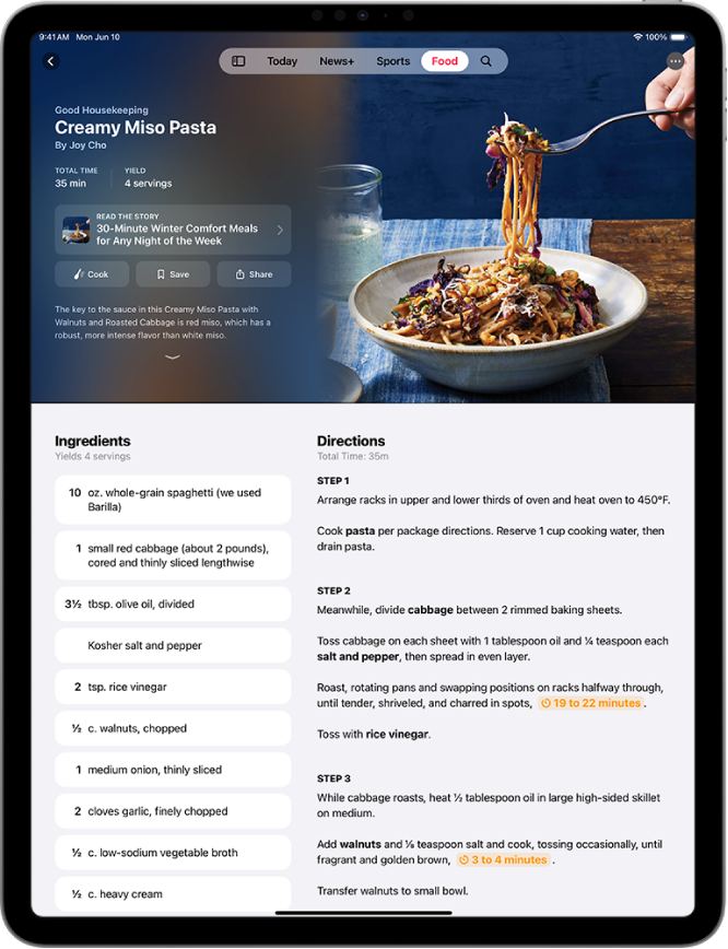 Apple News+-এ একটি রেসিপি, যার উপকরণ ও রান্নার নির্দেশনা দেখা যাচ্ছে এবং দুটি টাইমার বাটন রয়েছে।