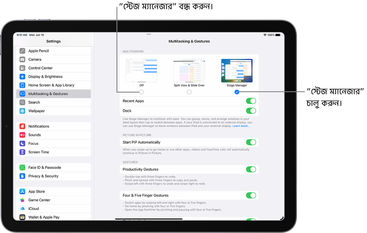 স্টেজ ম্যানেজার চালু বা বন্ধ করার জন্য সেটিংস স্ক্রিন।