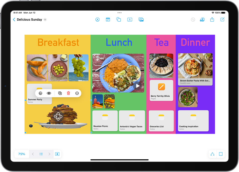 PDF এবং ভয়েস মেমোসহ একটি Freeform বোর্ড।