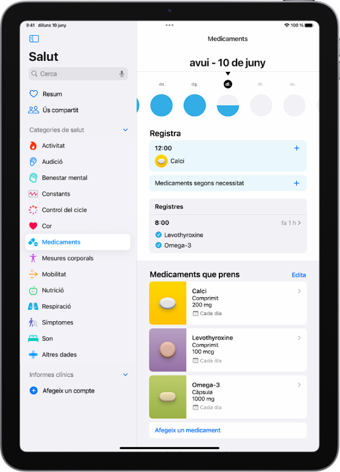 Pantalla de medicaments de l’app Salut, en què es mostra la data i el registre dels medicaments.