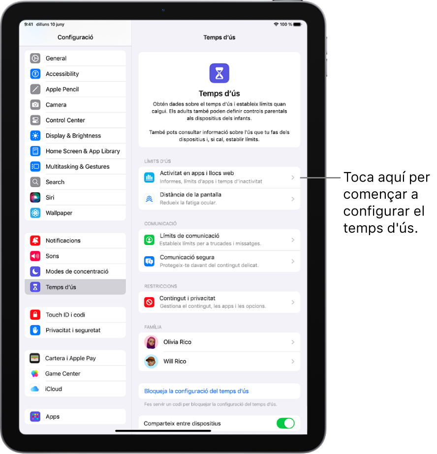 A la pantalla de configuració del temps d’ús, es toca “Activitat en apps i llocs web” per començar.