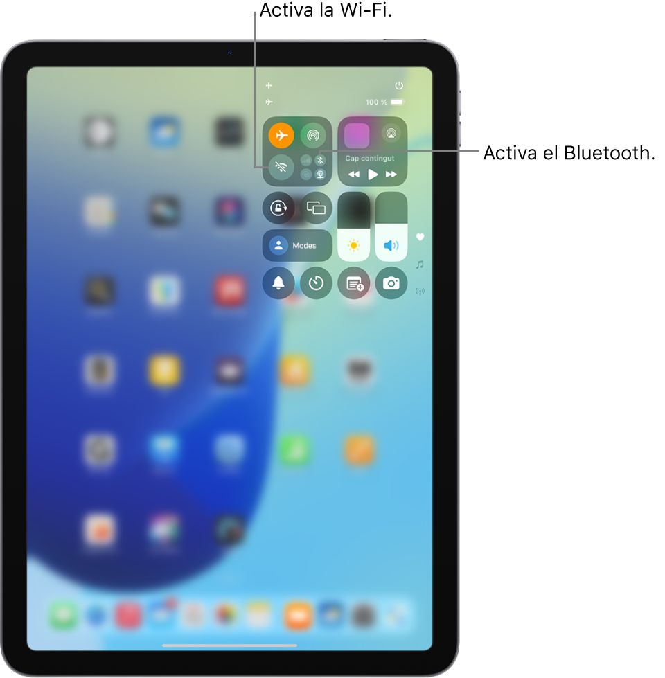 Centre de control de l’iPad mostrant el mode d’avió activat. Els botons per activar la Wi-Fi i el Bluetooth son a prop de l’angle superior esquerre del centre de control.