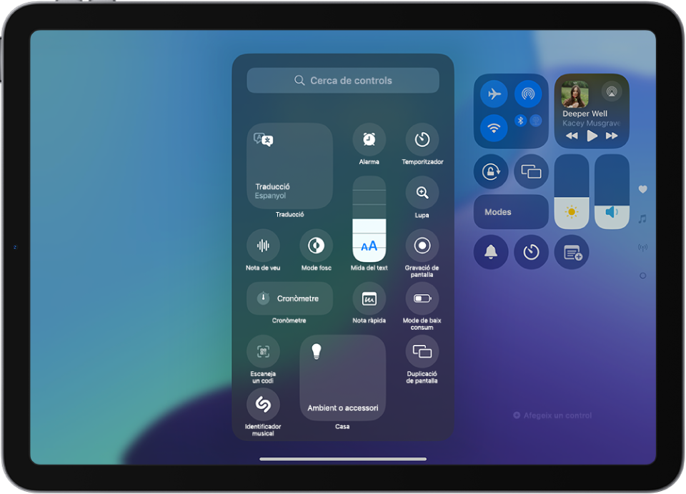 Una pantalla que mostra controls que pots afegir al centre de control, com ara “Mida del text”, “Mode fosc” i “Nota ràpida”.