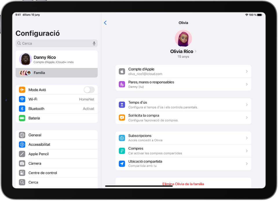 Pantalla de configuració que mostra les funcions disponibles per a un membre adolescent de la família, com ara “Sol·licita la compra” i l’Apple Cash.