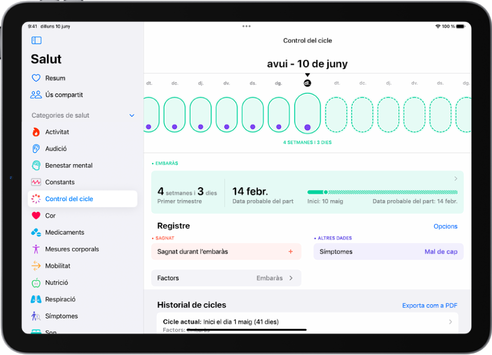 Pantalla de l’app Control del Cicle amb una línia de temps d’embaràs d’una setmana a la part superior. Els primers set dies es marquen a la línia de temps amb ovals de color verd clar i punts morats. La resta de dies de la línia de temps es marquen amb ovals de color verd clar amb una línia discontínua. A sota de la línia de temps hi ha un resum de l’embaràs que mostra l’edat gestacional, la data d’inici i la data probable del part. A sota del resum de l’embaràs, hi ha opcions per afegir informació sobre el sagnat durant l’embaràs i els símptomes, entre d’altres.