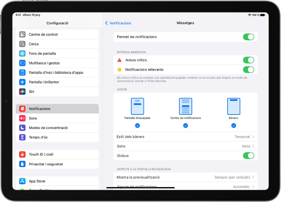 L’iPad amb la configuració de les notificacions i dels avisos de l’app Missatges.