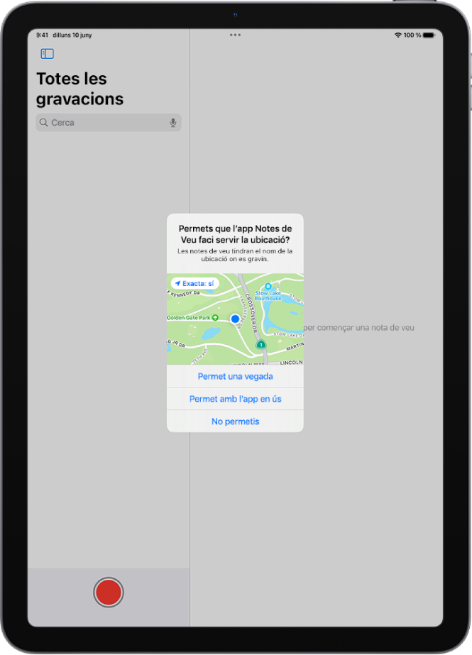 La sol·licitud d’una app per utilitzar les dades de la ubicació a l’iPad. Les opcions són: “Permet una vegada”, “Permet amb l’app en ús” i “No permetis”.