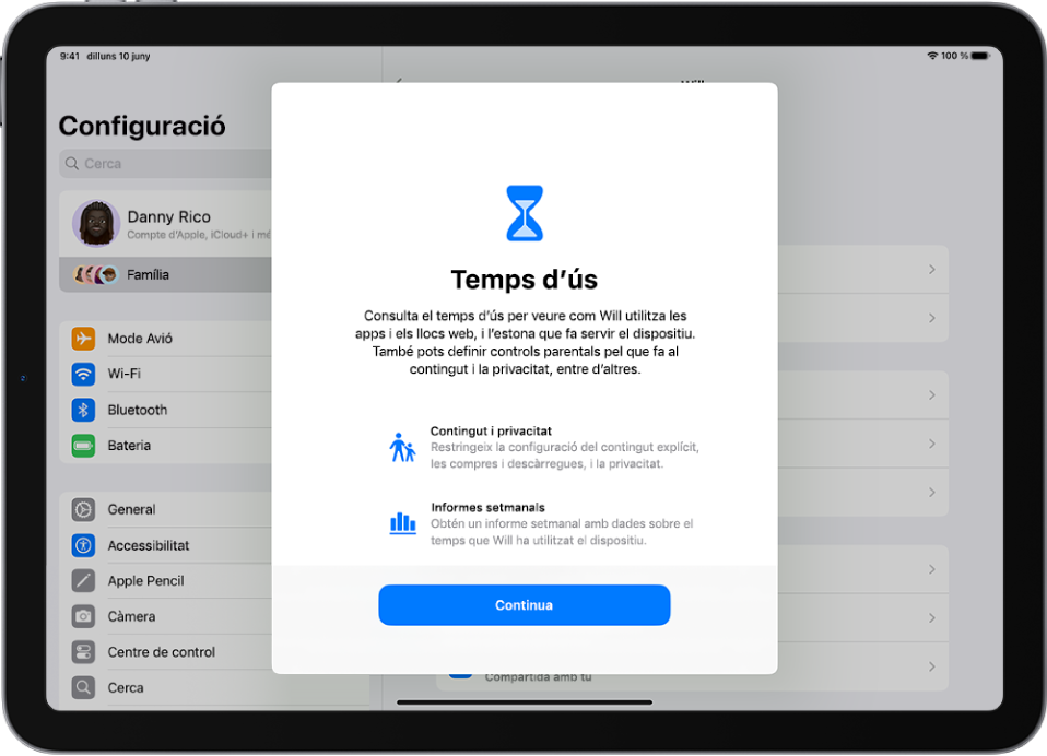 Pantalla amb una descripció de les funcions per fer el seguiment del temps que un infant fa servir el dispositiu amb opcions com ara un temps d’inactivitat programat.