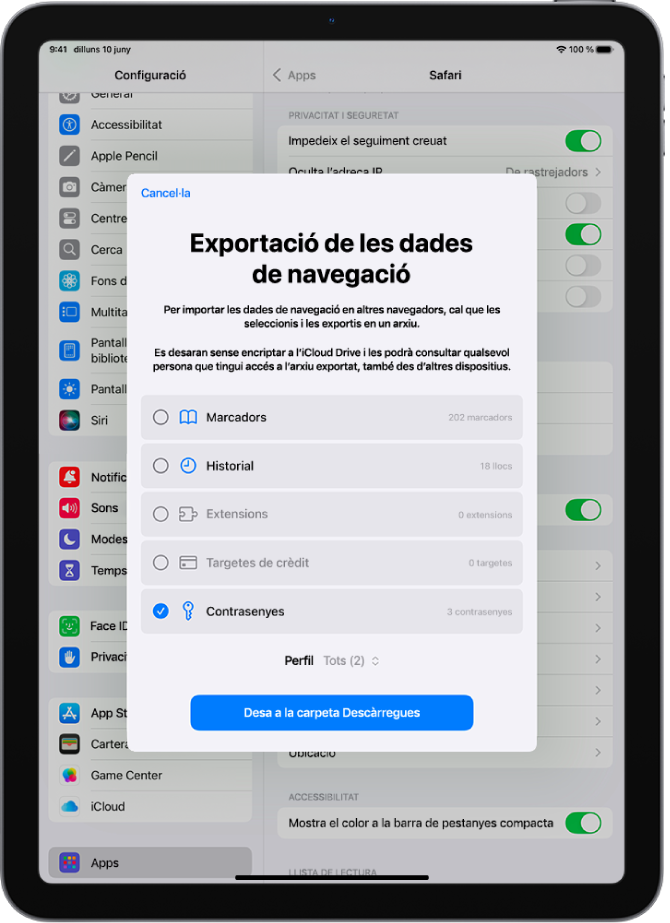 La pantalla d’exportació de les dades de navegació, amb l’opció “Contrasenyes” seleccionada per a l’exportació a un altre gestor de contrasenyes.