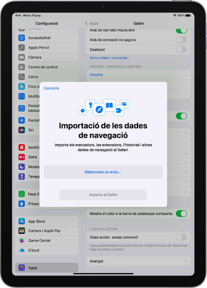 La pantalla d’importació de dades de navegació, en què es mostren les dades d’un altre navegador que s’importaran al Safari.