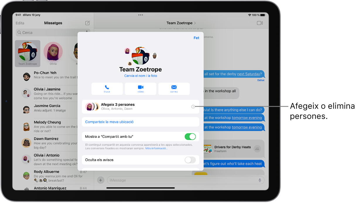 Un iPad amb els detalls d’una conversa grupal.