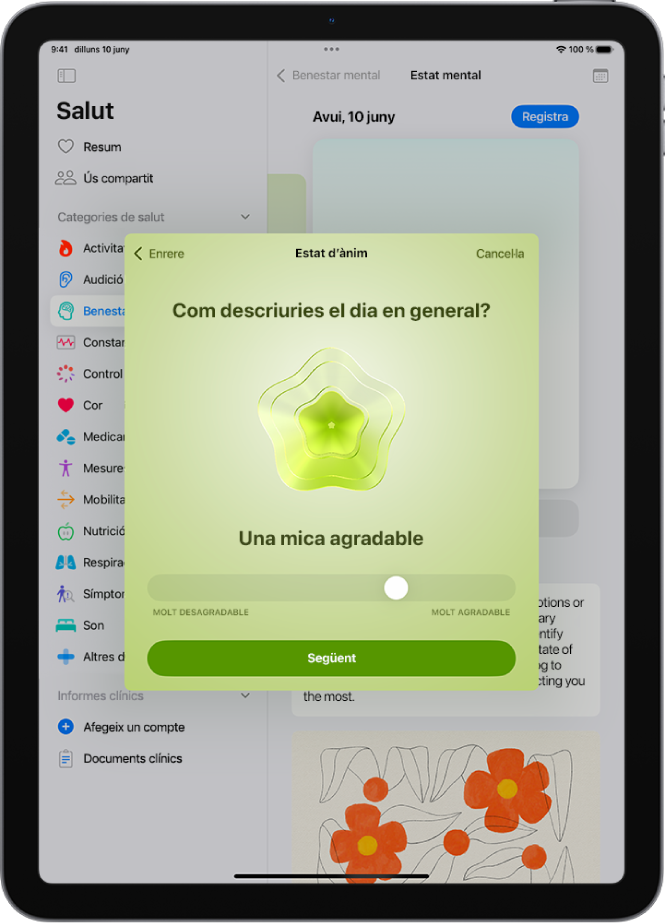 Pantalla de l’app Salut en què s’identifica l’estat d’ànim d’aquell moment com a “Una mica agradable”. A la part inferior de la pantalla hi ha un regulador per ajustar el nivell de l’emoció.