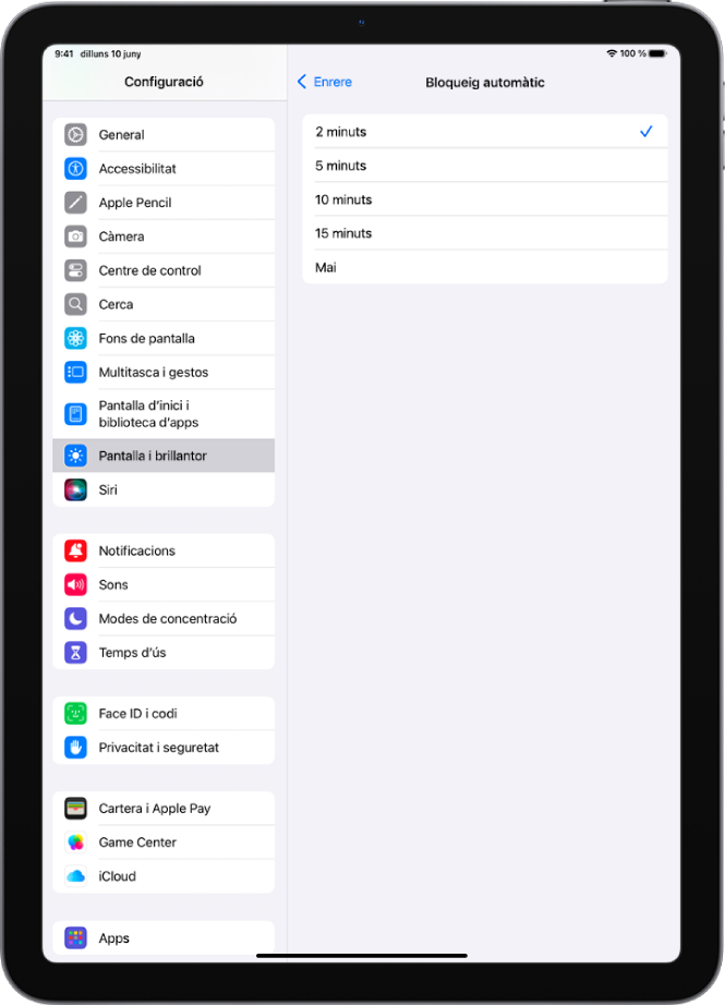 La pantalla del bloqueig automàtic amb la configuració del temps que ha de passar perquè l’iPad es bloquegi automàticament.